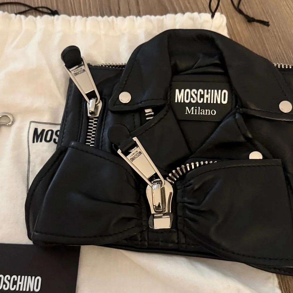 Moschino black leather biker bag clutch with silver hardware